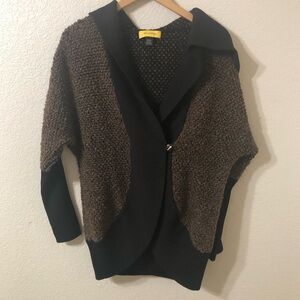 St. John Open Front Hooded Cardigan Knit Wool Cashmere in Black & Brown - Size P